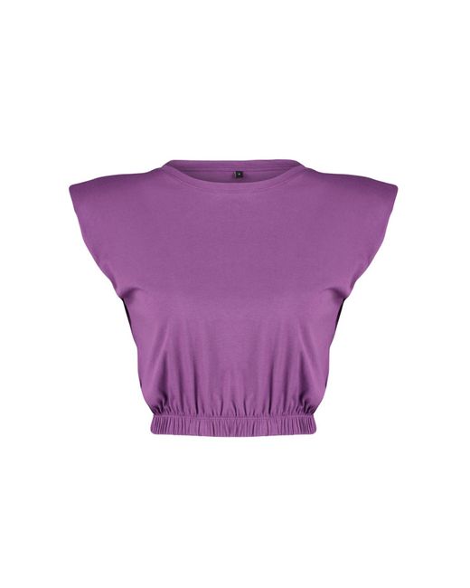 Trendyol Purple , 100 % baumwolle, wattiertes, kurzes strick-t-shirt mit rundhalsausschnitt,