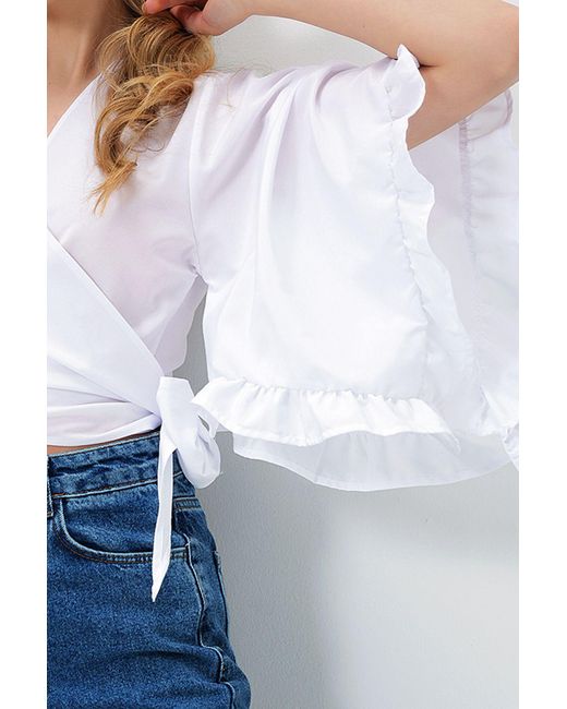 Trend Alaçatı Stili Blue Weiße Gewellte Gewebte Bluse Mit Ärmeln Für Damen