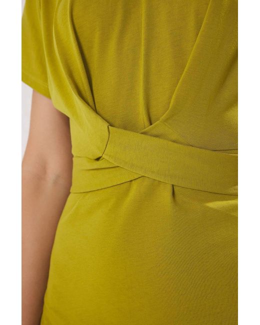 Trendyol Yellow Ölgrünes Midi-Strickkleid Mit Bleistiftmuster Aus 100 Baumwolle Mit Tailliertem Schlitz Und Bindedetail Für Damen