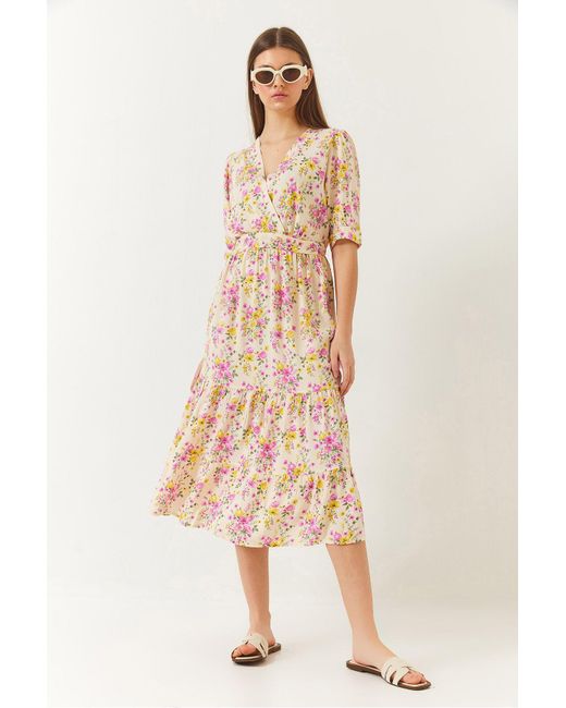 Bianco Lucci Natural Kleid Aus Viskose Mit Zweireihigem Ausschnitt Und Blumenmuster Und Kurzen Ärmeln Für Damen