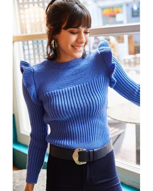 Olalook Blue Sweatshirt Aus Dickem Strick Mit Rüschenärmeln, Für Damen