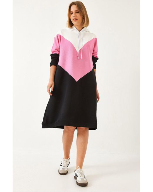 Bianco Lucci Pink Farbblock-Kapuzenkleid Mit V-Ausschnitt Für Damen