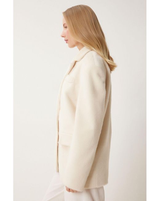 Happiness İstanbul Natural Ecrufarbene Jacke Aus Kunstfell Mit Zweireihigem Kragen Fn03435 Für Damen