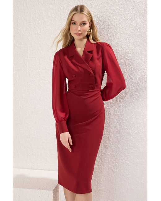 Trendyol Red Burgunderrotes Gewebtes Midikleid – Chiffon-Ärmeldetail, Körperbetont Twoaw25El00137 Für Damen