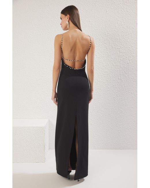 Trendyol Black Schwarzes, Mit Perlen Gewebtes, Langes, Elegantes Abendkleid Für Den Abschlussball Für Damen
