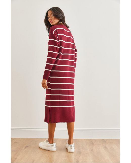 Olalook Red Burgunderrotes, Gestreiftes, Dickes Strickkleid Mit Rundhalsausschnitt Und Schlitz Elb- 19002250 Für Damen