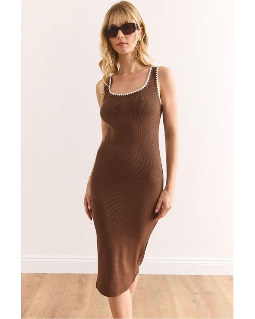 Olalook Brown Braunes Kleid Mit Nähten, Weichem, Strukturiertem, Dehnbarem Kleid Für Damen