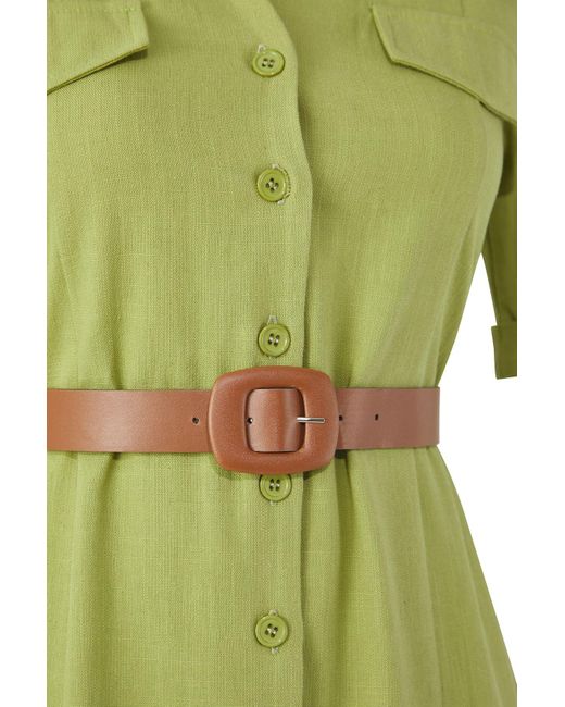 Trendyol Green Khakifarbenes, Gewebtes Midi-Hemdkleid Aus Leinenmischung Mit Gürtel Und Taschendetail Für Damen