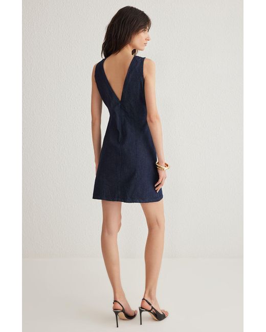 Trendyol Blue Dunkelblaues Minikleid Aus Denim Mit V-Ausschnitt Für Damen
