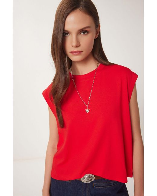 Happiness İstanbul Red Rotes Basic-Strick-T-Shirt Für Damen