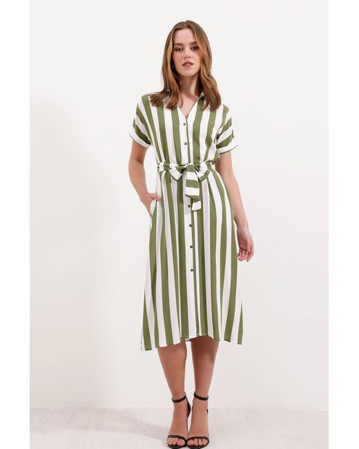 Bigdart Green 2456 Gestreiftes Hemdkleid Çağla Für Damen
