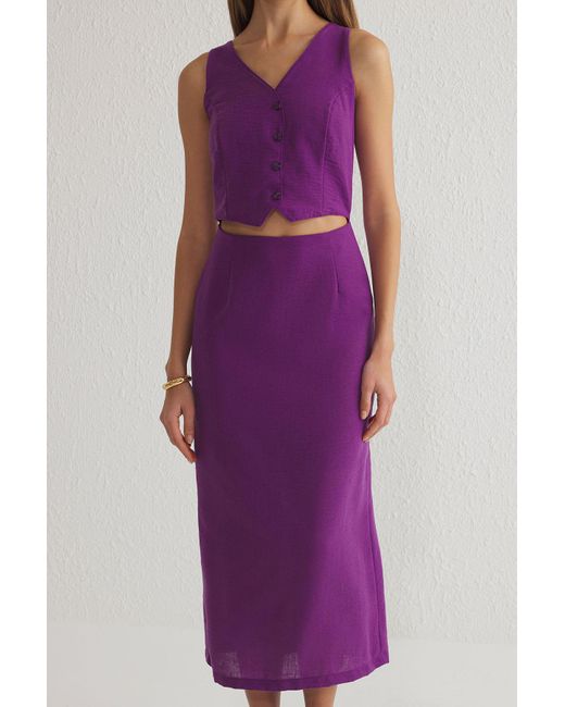 Trendyol Purple A-Linie Weste Form Leinen Look Midi Gewebtes Kleid Für Damen