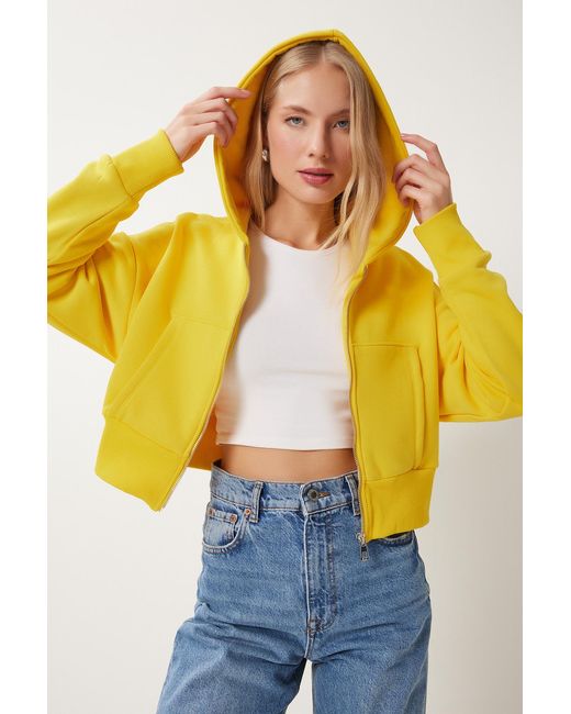 Happiness İstanbul Yellow Gelbes Sweatshirt Mit Kapuze Zipped Für Damen