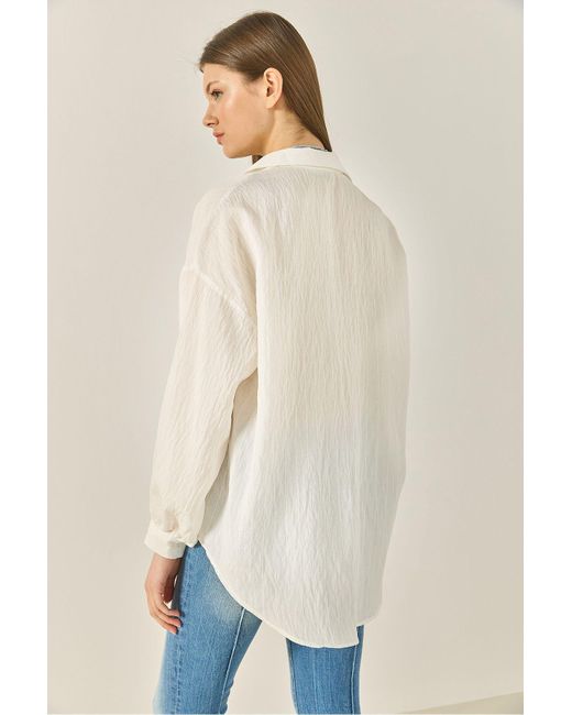 Bianco Lucci Natural Selbstgestreiftes, Lockeres Modalhemd Mit Bestickter Schleife 2061 Für Damen