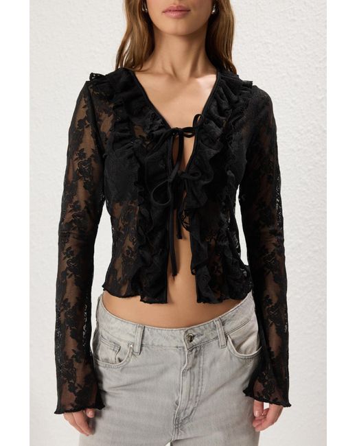 Trendyol Black Schwarze, Taillierte, Figurbetonte, Dehnbare Strickbluse Mit Raffung/Drapierung Und Bindedetail Für Damen