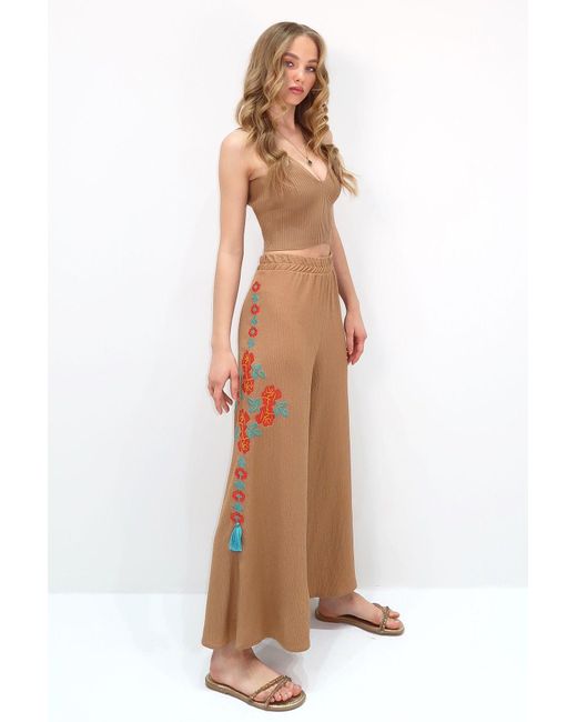 Trend Alaçatı Stili Brown Bestickte Palazzo-Hose Mit Ethnischem Muster – Crinkle-Modell, Für Damen