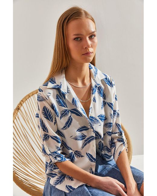 Bianco Lucci Blue Gemustertes Viskosehemd Mit Gefalteten Ärmeln Für Damen
