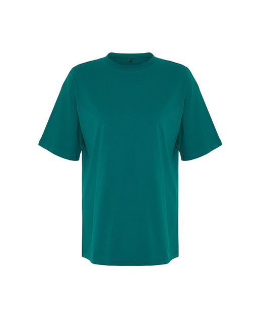 Trendyol Green Smaragdes, 100 % baumwolle, premium-übergröße/weite passform, rundhalsausschnitt, strick-t-shirt
