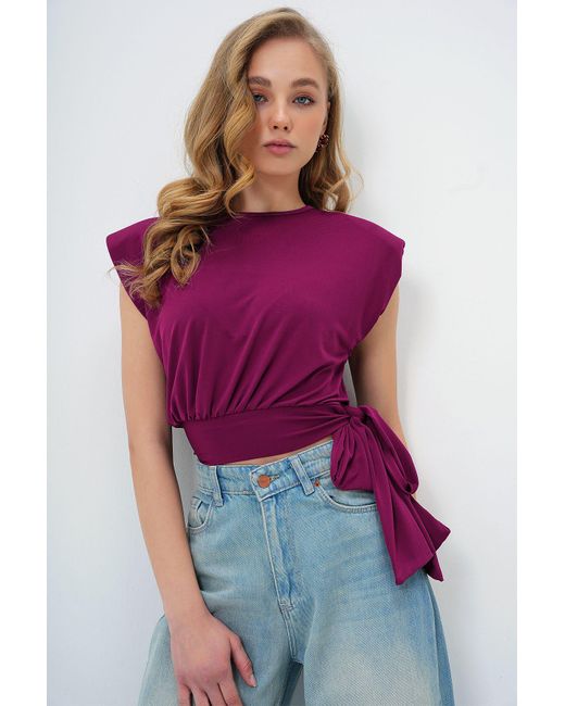 Trend Alaçatı Stili Purple Bluse Mit Pflaume, Rundhalsausschnitt, Gepolsterter Taille, Bindung, Informationen, Sandy, Für Damen