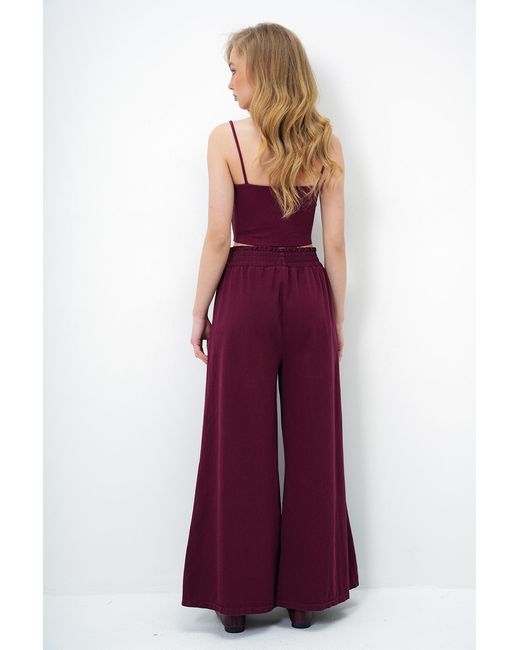 Trend Alaçatı Stili Purple Burgunderrote Gabardine-Hose Mit Taillenband Und Doppelter Tasche Und Weitem Bein Für Damen