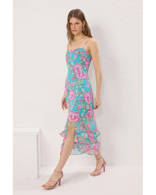 Trendyol Multicolor Rosafarbenes, Gewebtes A-Linien-Midikleid Mit Blumenmuster Für Damen