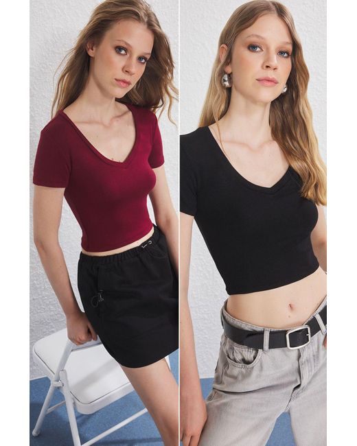 Trendyol Black Schwarz-Burgunder 2Er-Pack Gestrickte Bluse Für Damen