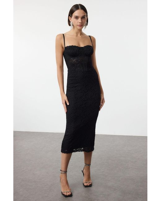 Trendyol Black Schwarzes, Mit Spitze Gefüttertes, Gestricktes Midikleid Für Damen