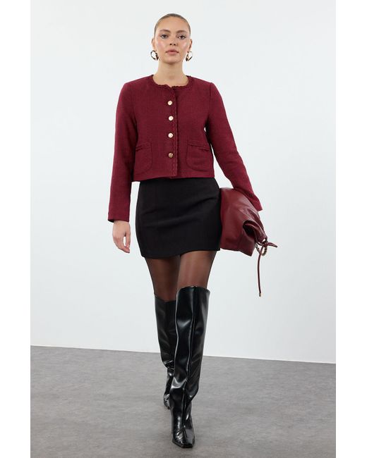 Trendyol Red Weinrote Tweed-Kurzjacke