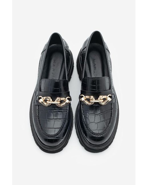 Marjin Black Rizya Croco – Loafer-Freizeitschuhe Mit Dicker Sohle Und Schnalle Für Damen