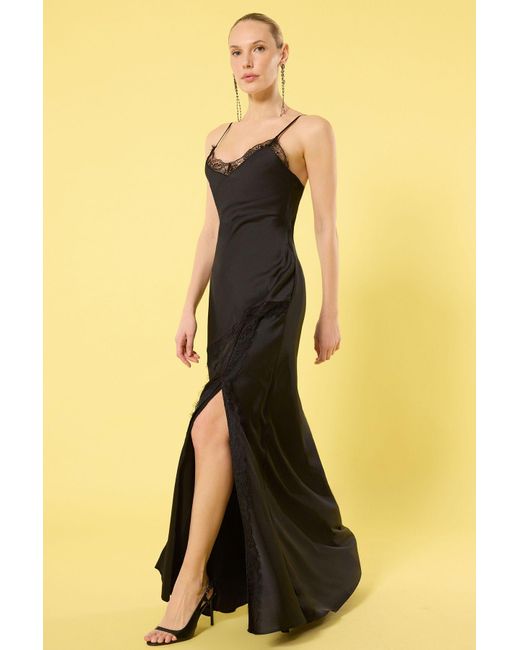 Trendyol Yellow Schwarzes, Gerades, Gerades Spitzen-Maxi-Abendkleid Aus Gewebtem Satin Und Heimkehrkleid Für Damen