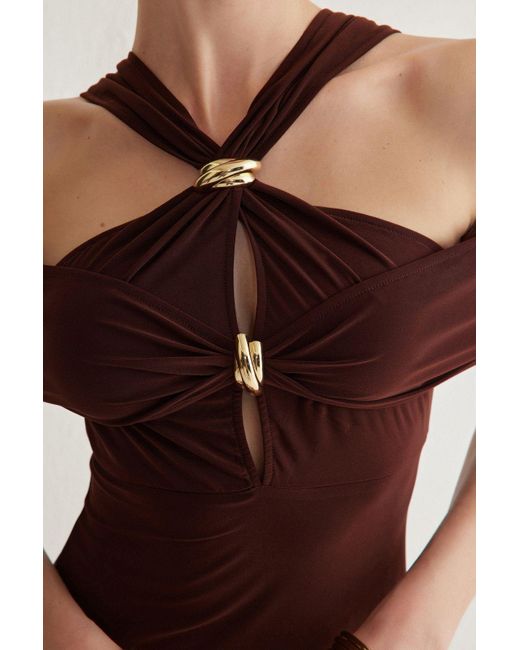Trendyol Brown Braunes, Figurbetontes, Detailliertes, Gestricktes, Langes, Stilvolles Abendkleid, Nachtabendkleid Für Damen