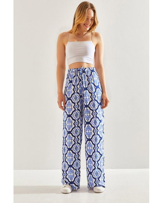 Bianco Lucci Blue Mehrfarbig Gemusterte Hose Elastischer Bund Für Damen