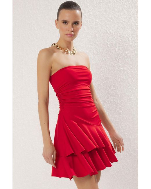 Trendyol Red Rotes, Trägerloses, Gestricktes, Schickes Mini-Abendkleid Für Die Nacht, Abschlusskleid Für Damen