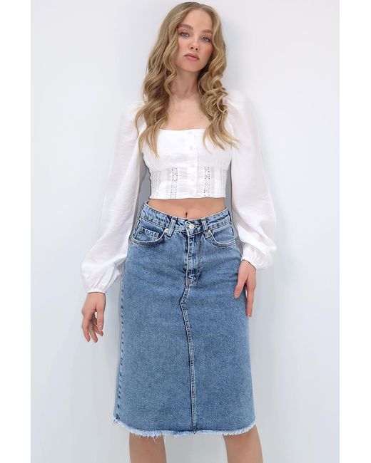 Trend Alaçatı Stili Blue Blauer Midi-Jeansrock Mit Hoher Taille Und 5 Taschen Für Damen