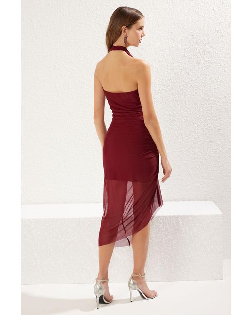 Trendyol Red Burgunderrotes, Drapiertes, Mit Blumen Verziertes, Detailliertes, Mit Tüll Gefüttertes Strickkleid Für Damen