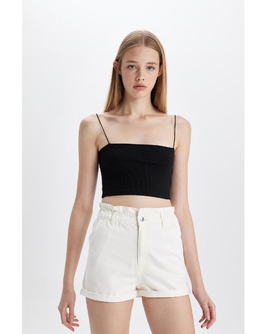 Defacto White Jeansshorts Mit Hoher Taille Und Gefaltetem Paperbag-Schnitt C2434Ax24Hs Für Damen