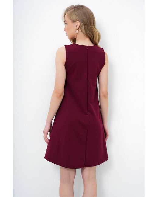 Trend Alaçatı Stili Red Burgunderrotes, Ärmelloses Kreppkleid Mit Rundhalsausschnitt Und Reißverschluss Hinten Alc-X13968 Für Damen