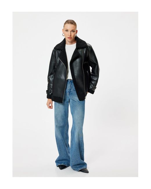 Koton Blue Kunstleder-Bikerjacke Mit Pelzkragen, Hüftlänge, Reißverschluss, Bequeme Passform Für Damen
