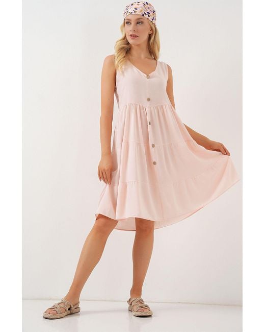 Bigdart Pink Zero Sleeve Button Short Dress 2571 Puder Für Damen