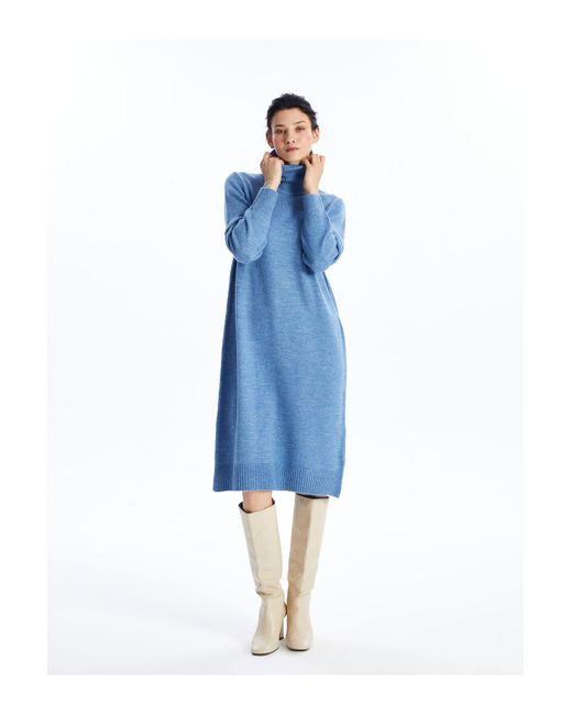 LC Waikiki Blue Gerades, Langärmliges, Übergroßes Strickkleid Mit Rollkragen Für Damen