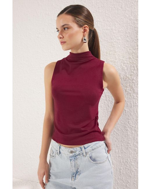 Trendyol Red Burgunderroter Stehkragen, Nullärmel, Super Dehnbar, Reguläre Größe, Strickbluse Für Damen