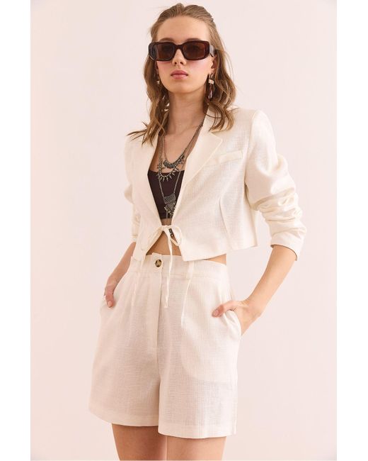 Olalook Natural Weiße, Mit Taschen Gefütterte, Gewaschene Leinen-Shorts Şrt- 19000056 Für Damen