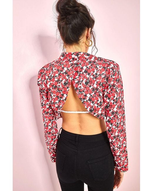Bianco Lucci Red Gemusterte Crop-Bluse Zum Binden 1019 Für Damen