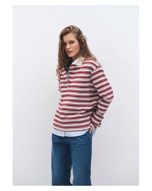 Mavi Red Gestreiftes Weinrotes Polo-T-Shirt Mit Lockerer Passform Lockerer, Entspannter Passform -70430 Für Damen