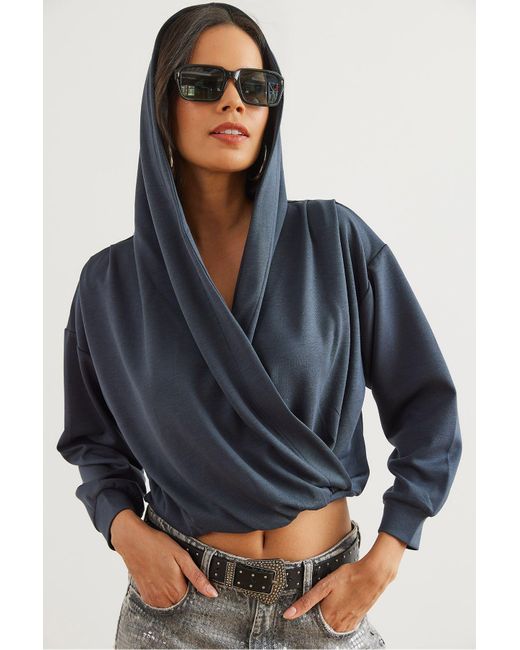 Olalook Blue Geräucherte Zweireihige Modal-Knopfbluse Mit Kapuze Blz- 19002823 Für Damen