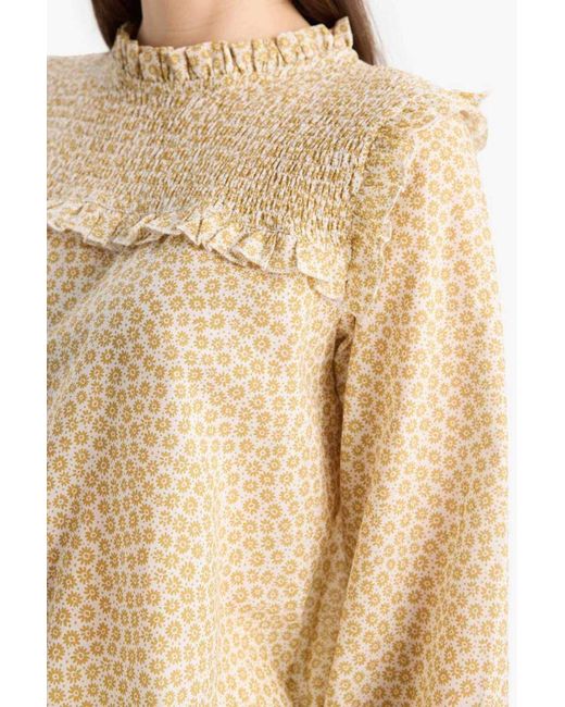 Defacto Natural Reguläre Passform, Gemusterter Rüschenkragen, Voile, Langärmelige Hijab-Blusen-Tunika E7966Ax25Sm Für Damen