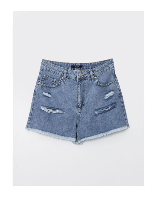 LC Waikiki Blue Zerrissene, Detaillierte Standard-Jeansshorts Mit Hoher Taille Für Damen