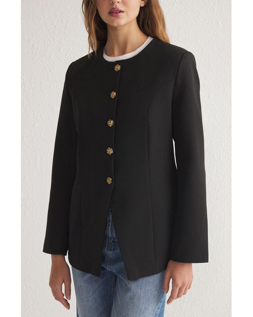 Trendyol Blue Schwarze, Gepolsterte, Gewebte Tweed-Blazerjacke Mit Rundhalsausschnitt Für Damen