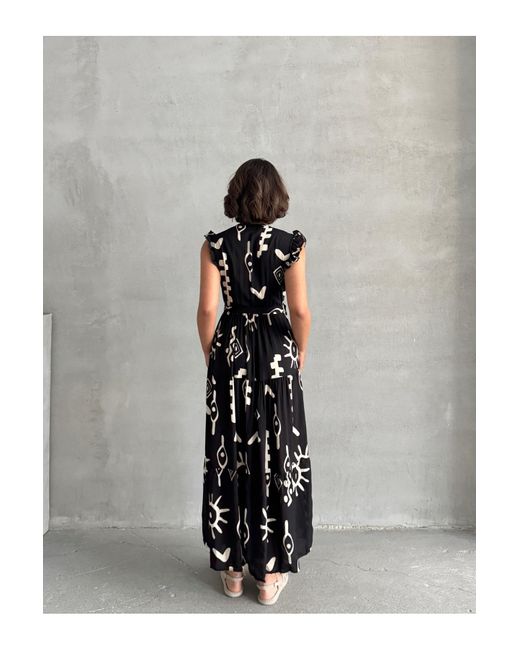 BEJNA Black Schwarzes, Gewebtes Kleid Mit Fliegenärmeln Und Zweireihigem Ausschnitt Für Damen