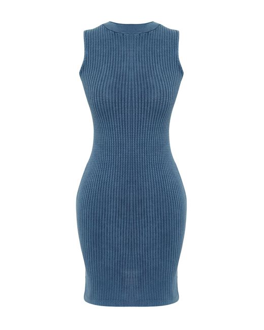 Trendyol Blue Es skater/gürtelöffnung mini stehkragen strick minikleid
